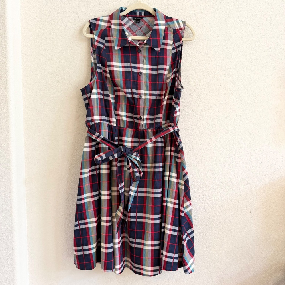Torrid Plaid Sleeveless Shirt Dress Size 2 Navy Blue Red Collared Button Up Belt